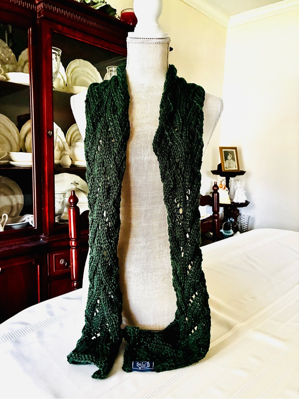 Handcrafted openwork lace knit Green Knit Scarf with handmade tag